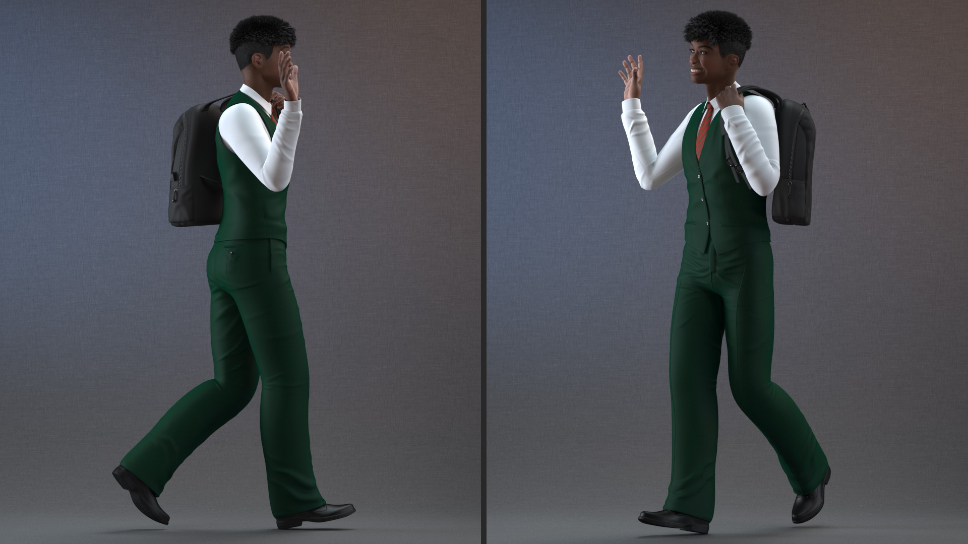 Black Teenager Dark Skin School Uniform Walking 3D