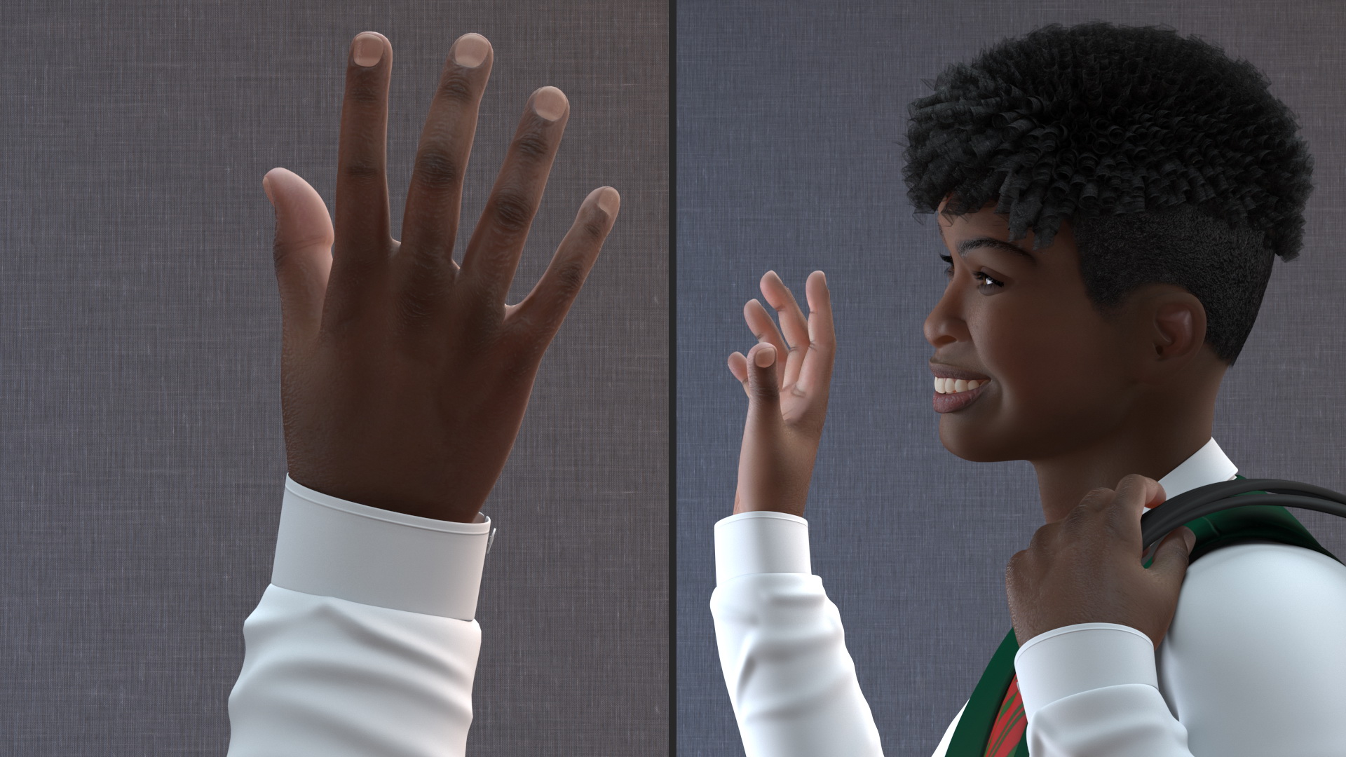 Black Teenager Dark Skin School Uniform Walking 3D