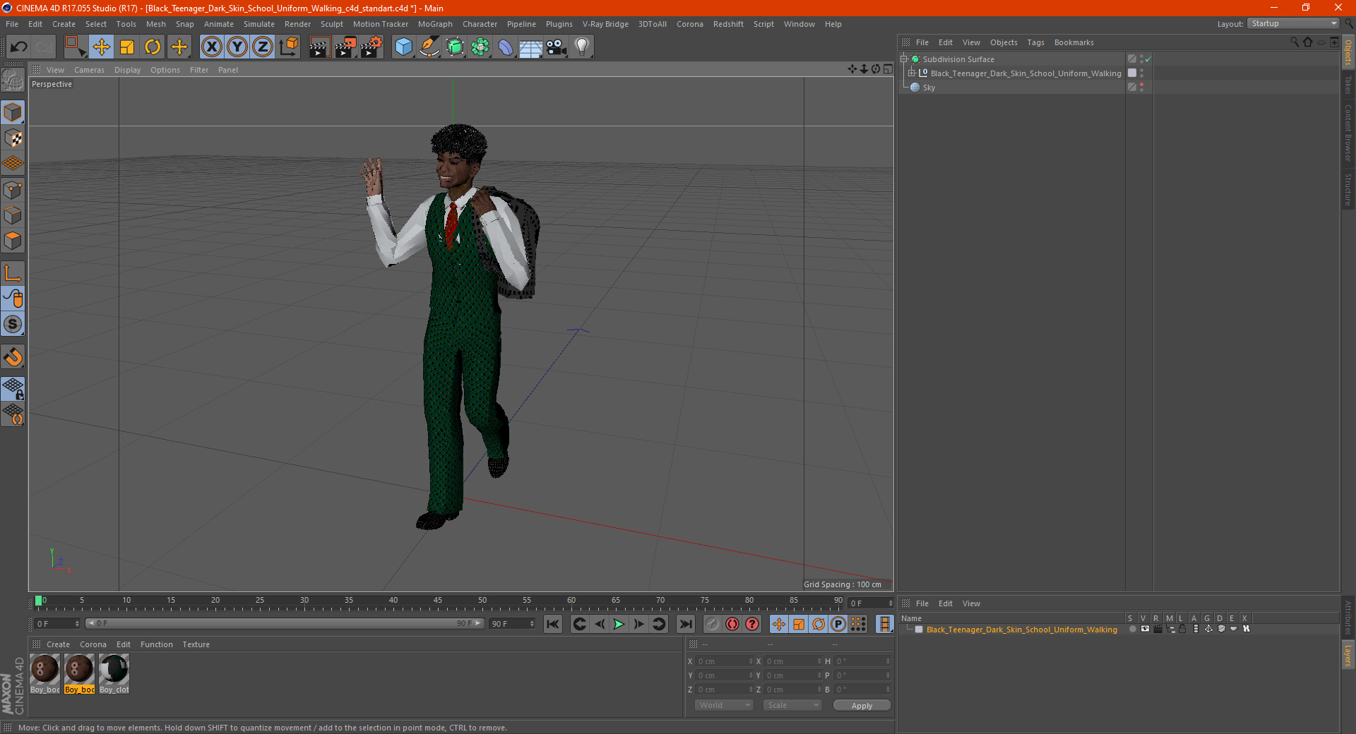 Black Teenager Dark Skin School Uniform Walking 3D
