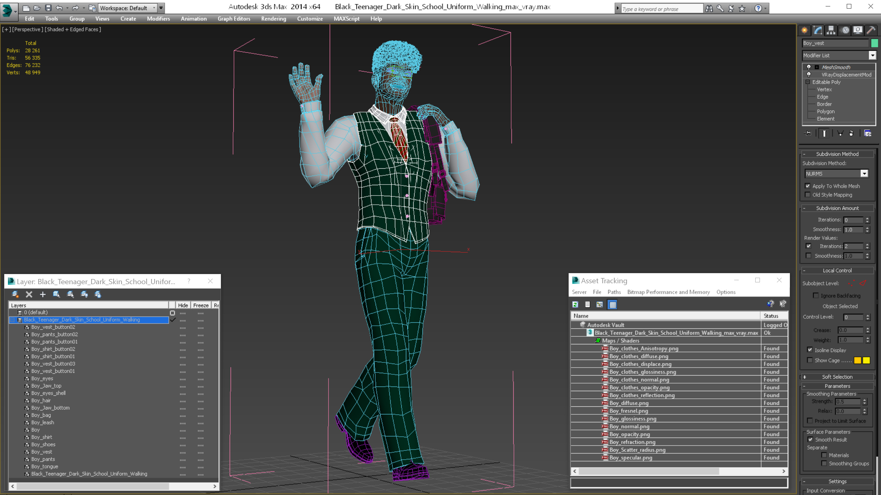 Black Teenager Dark Skin School Uniform Walking 3D