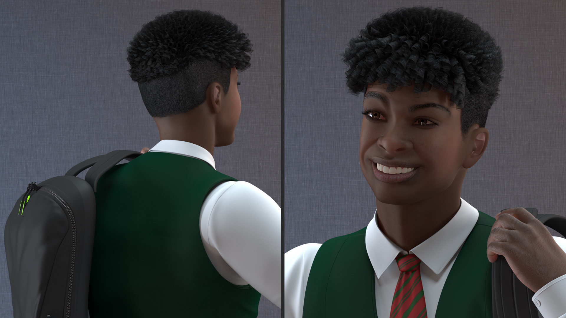 Black Teenager Dark Skin School Uniform Walking 3D