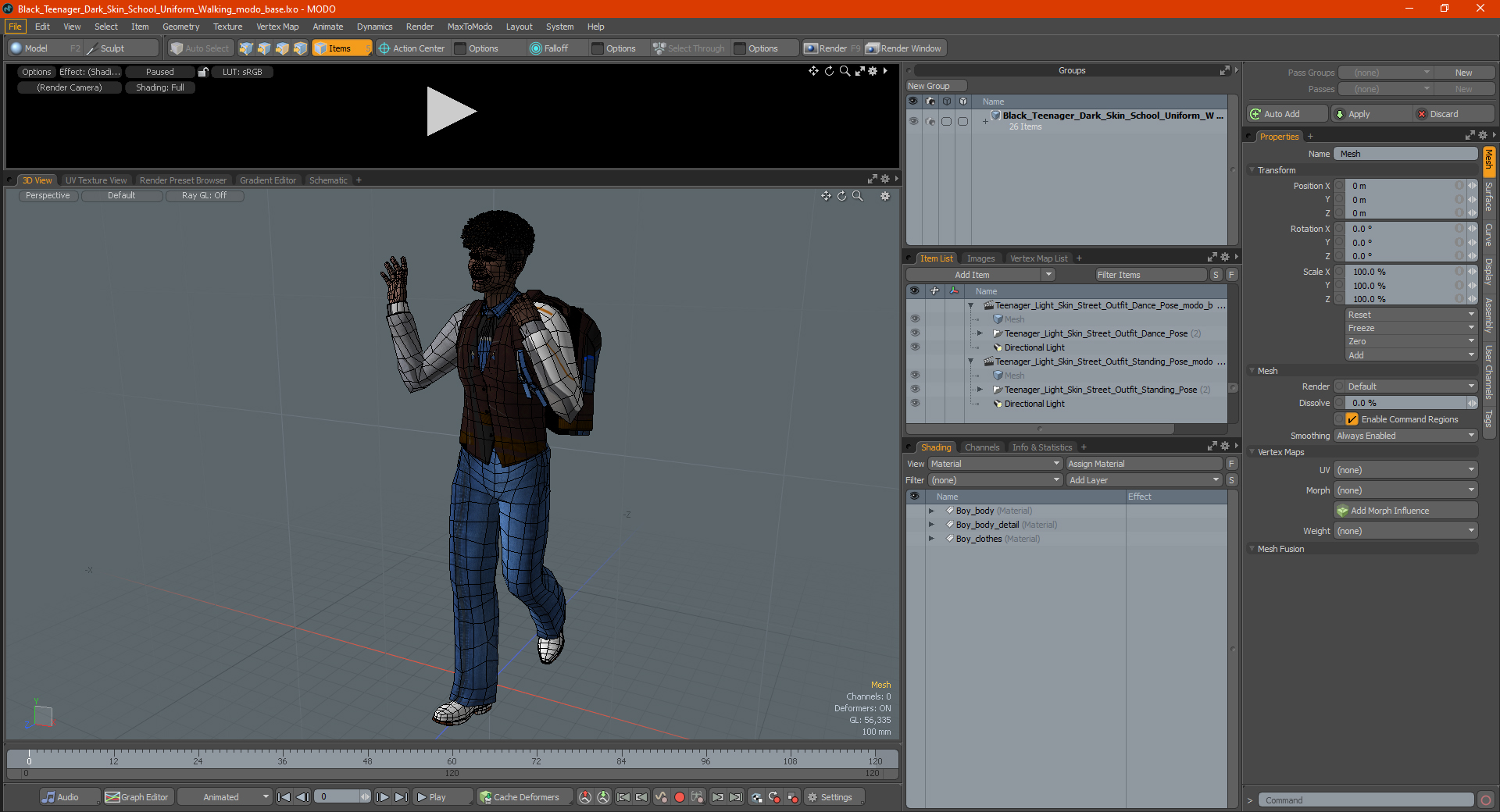 Black Teenager Dark Skin School Uniform Walking 3D