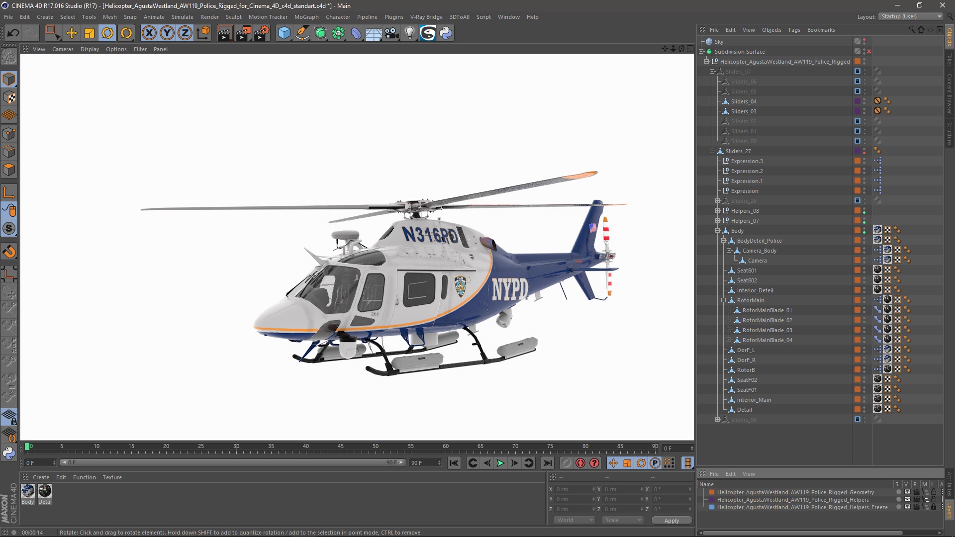 Helicopter AgustaWestland AW119 Police Rigged for Cinema 4D 3D model