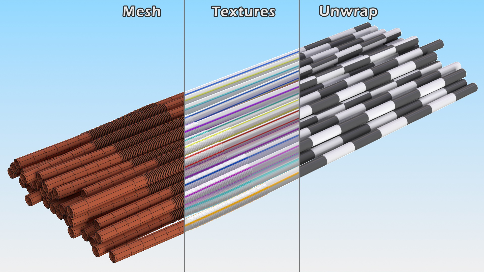 3D model Pile of Multi Colored Striped Drinking Straws