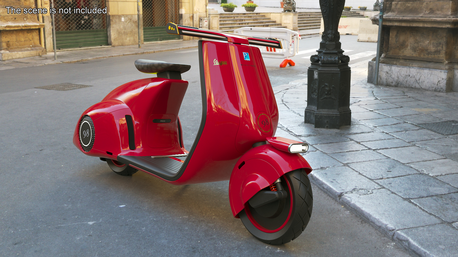 3D Red Electric Scooter Vespa 98 Parked Lights On
