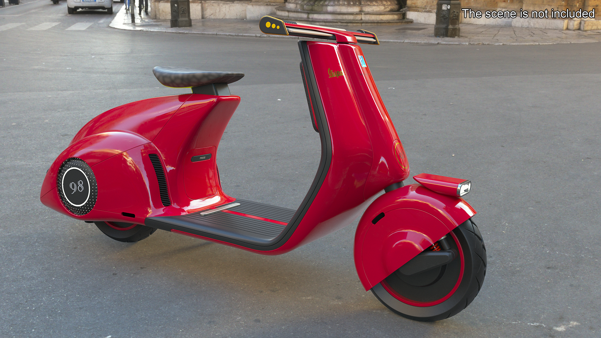 3D Red Electric Scooter Vespa 98 Parked Lights On