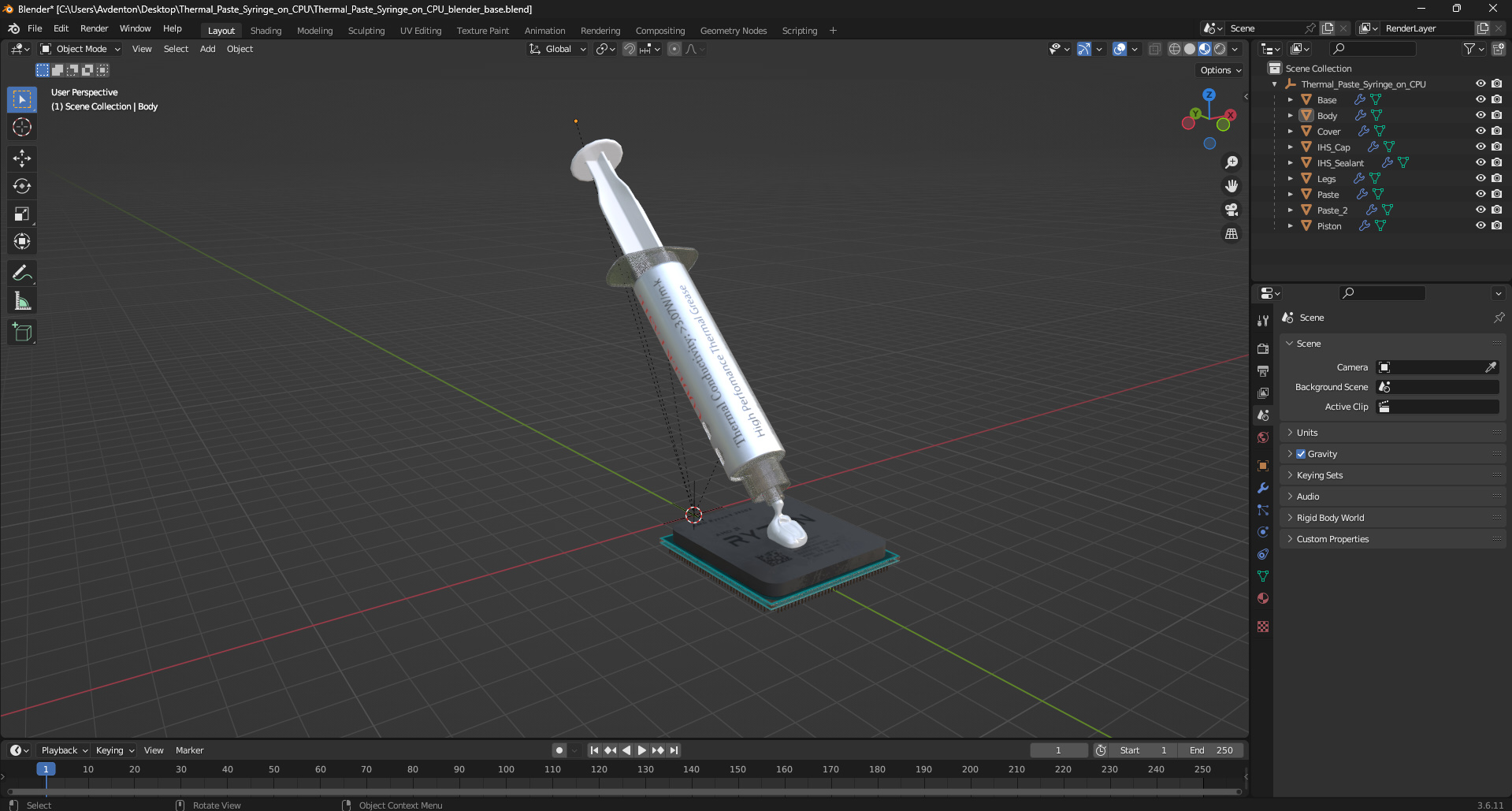 3D Thermal Paste Syringe on CPU model