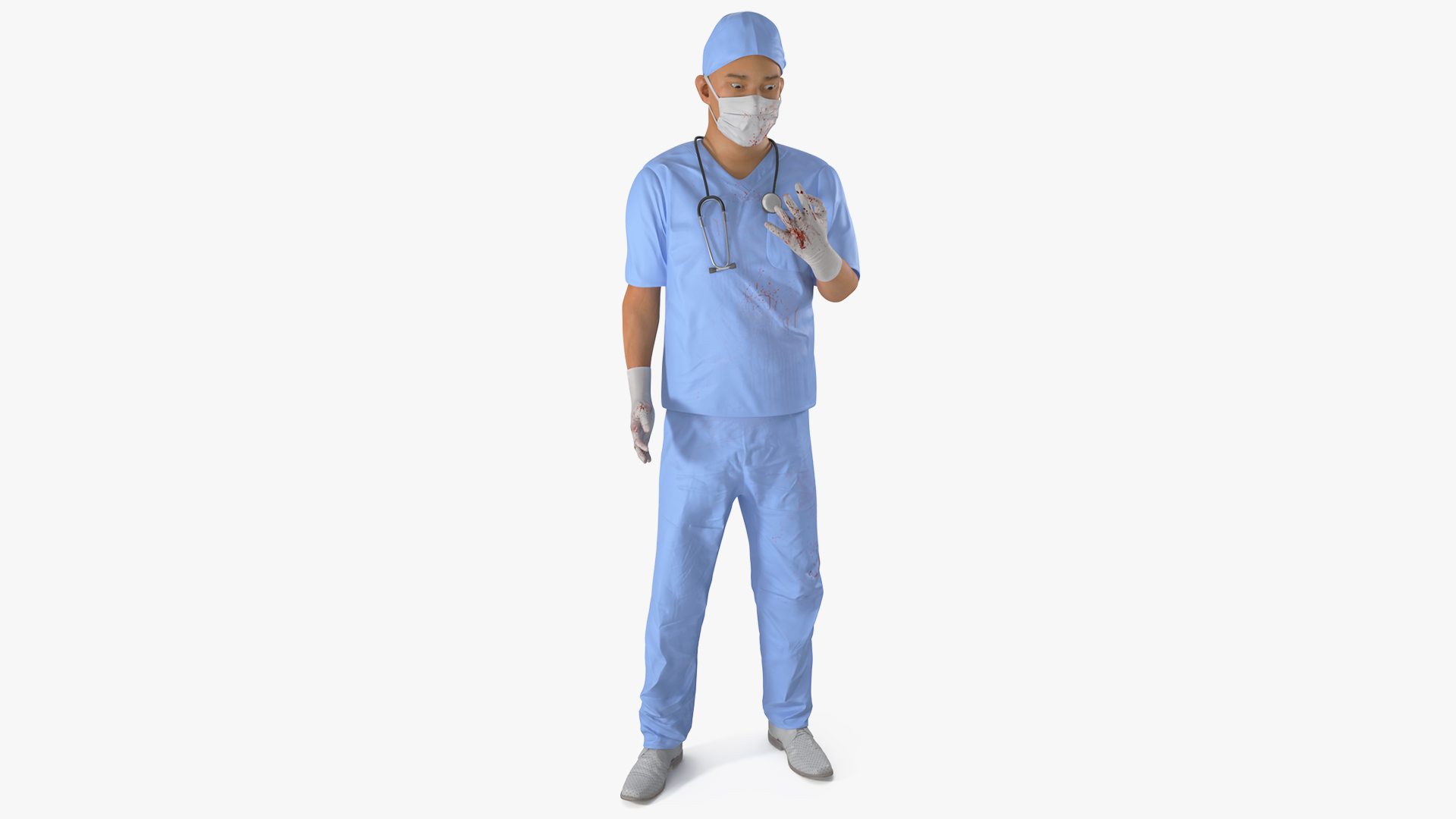 Asian Male Surgeon in Mask Blood Stained Rigged 3D