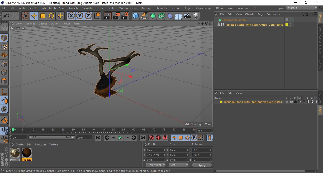 Tabletop Stand with Stag Antlers Gold Plated 3D model