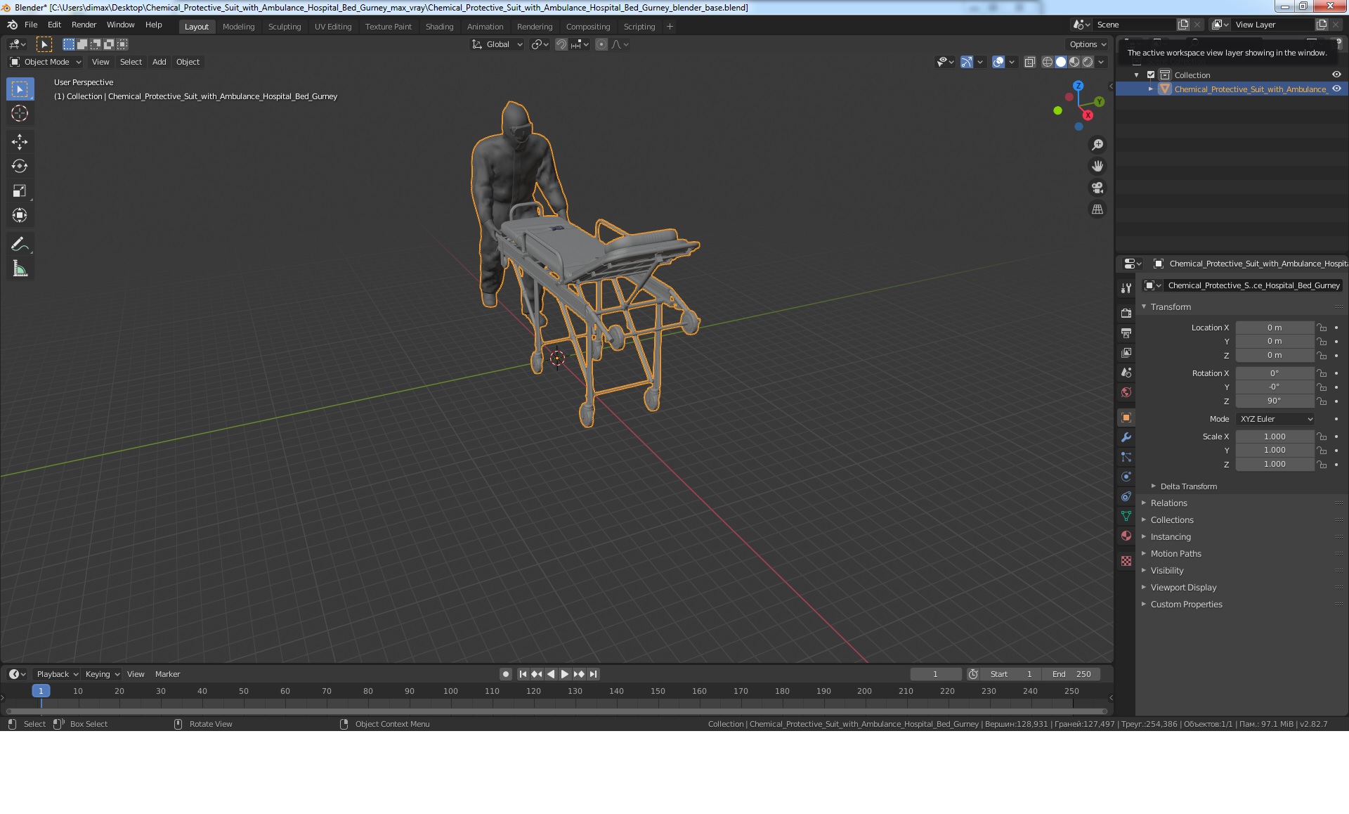 Chemical Protective Suit with Ambulance Hospital Bed Gurney 3D model