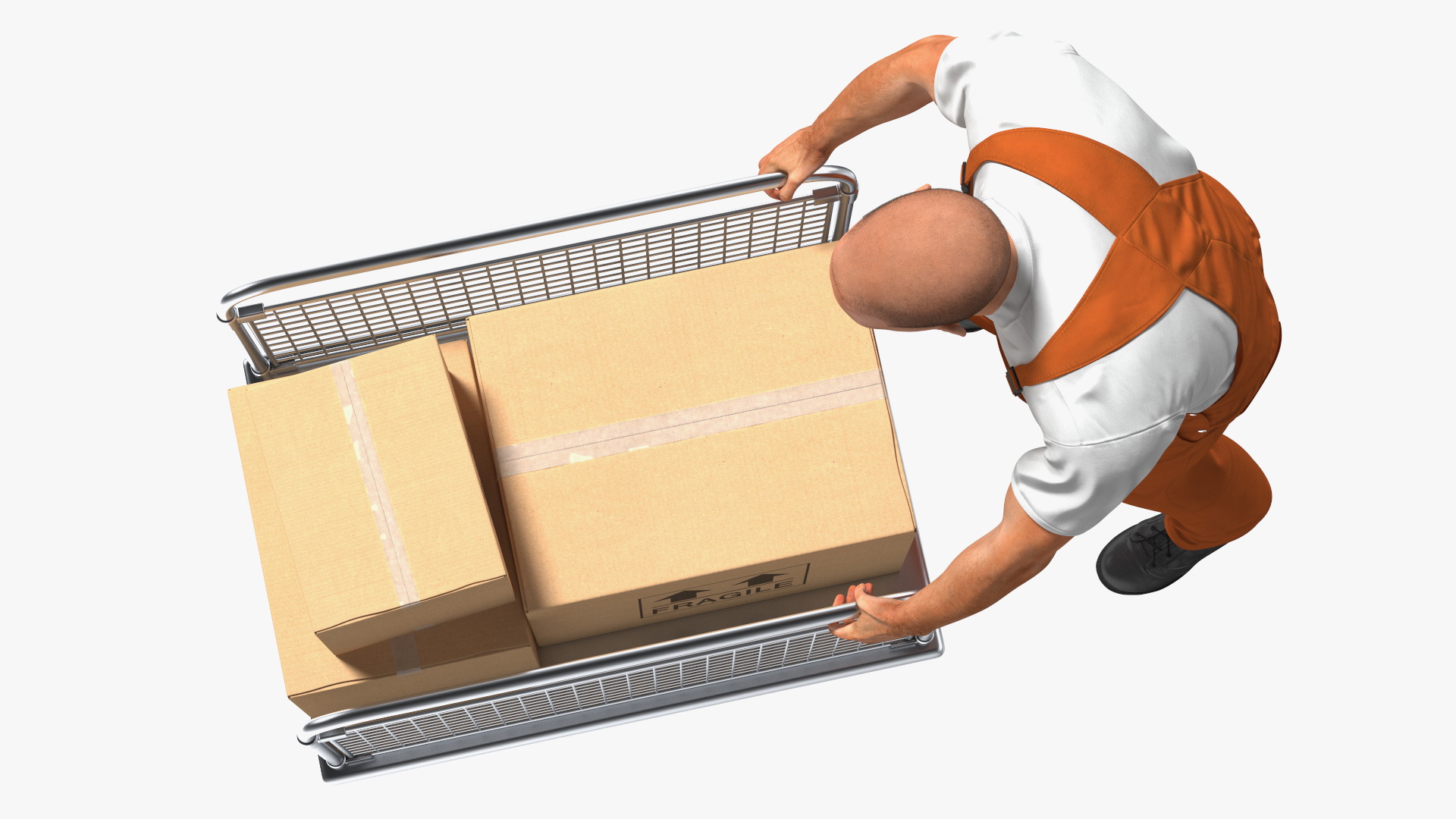 3D model Worker with Platform Trolley Two Railing Cardboard Boxes Fur