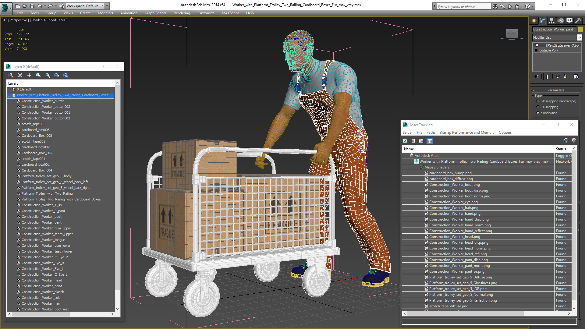 3D model Worker with Platform Trolley Two Railing Cardboard Boxes Fur