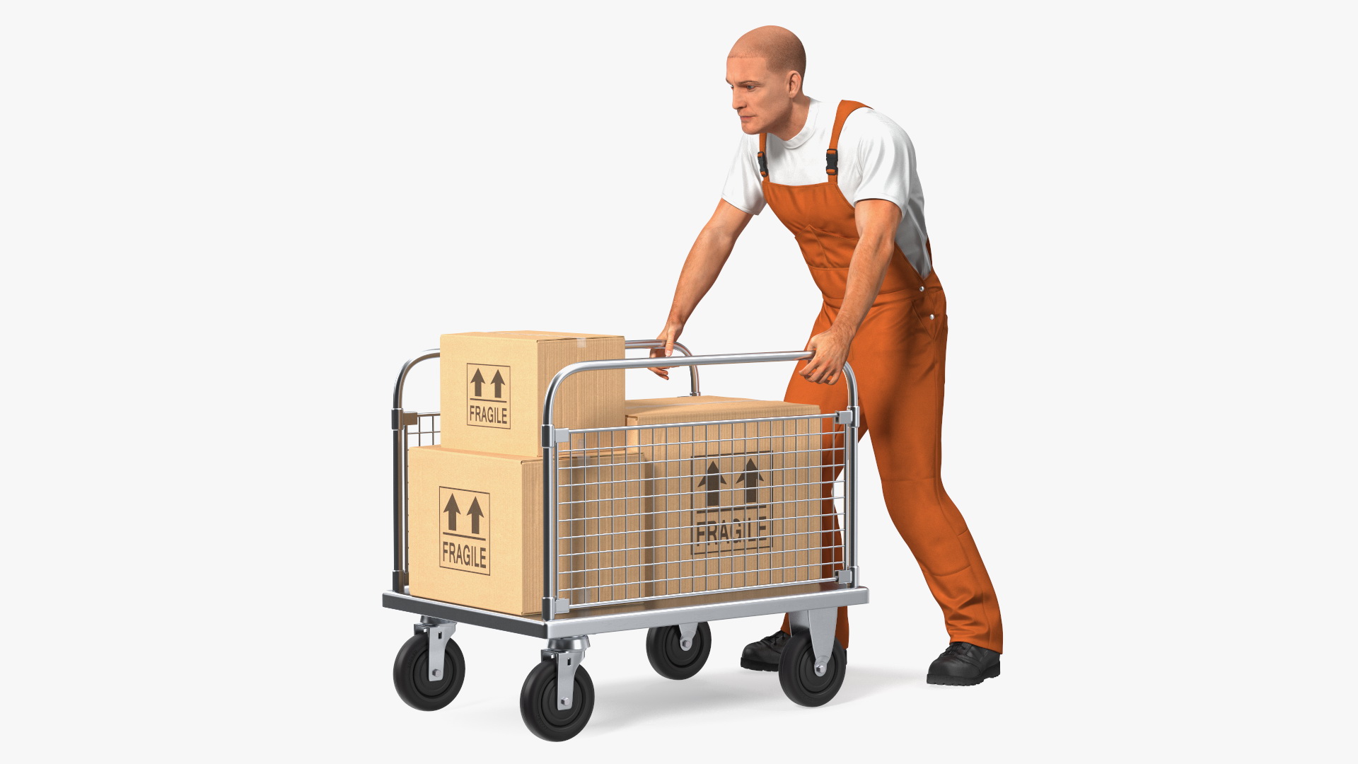 3D model Worker with Platform Trolley Two Railing Cardboard Boxes Fur