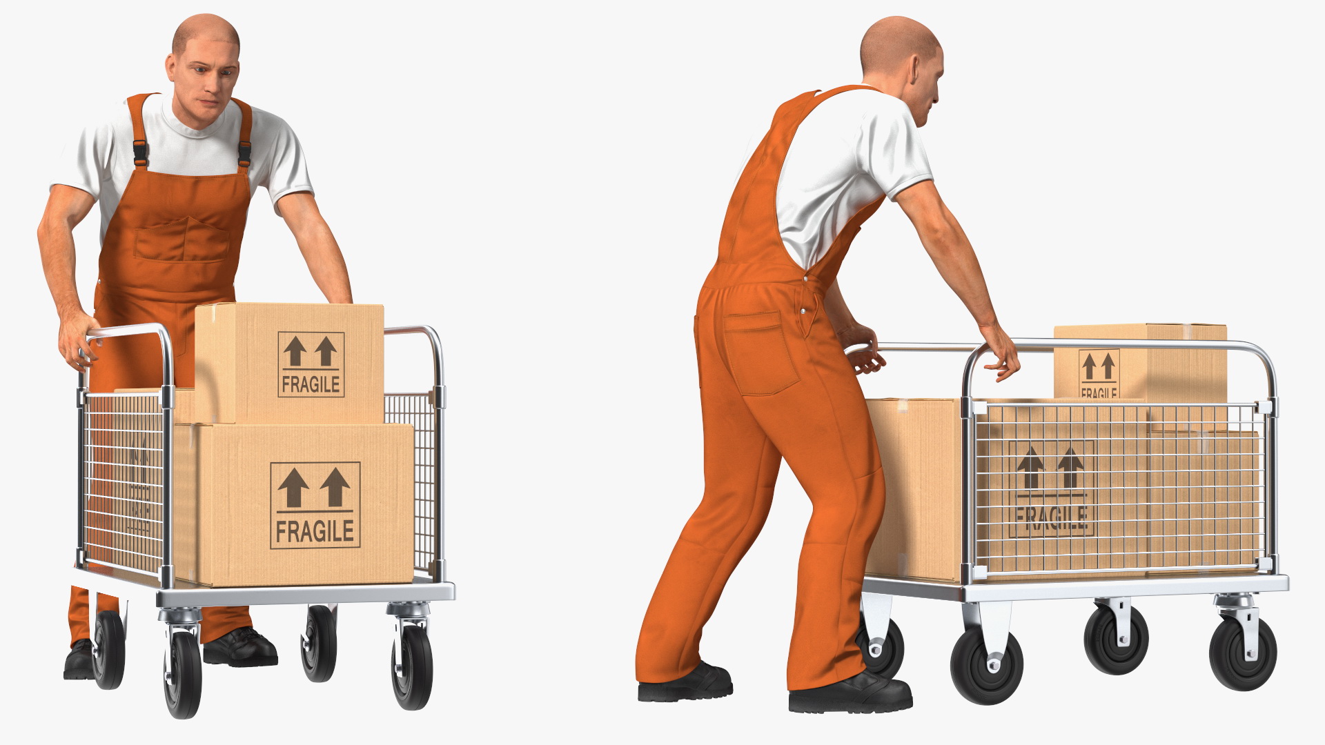 3D model Worker with Platform Trolley Two Railing Cardboard Boxes Fur