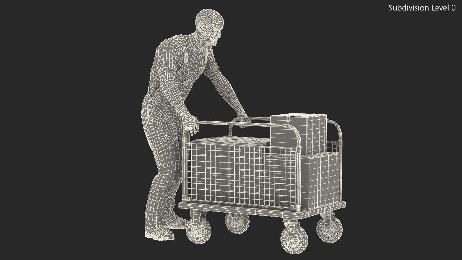 3D model Worker with Platform Trolley Two Railing Cardboard Boxes Fur