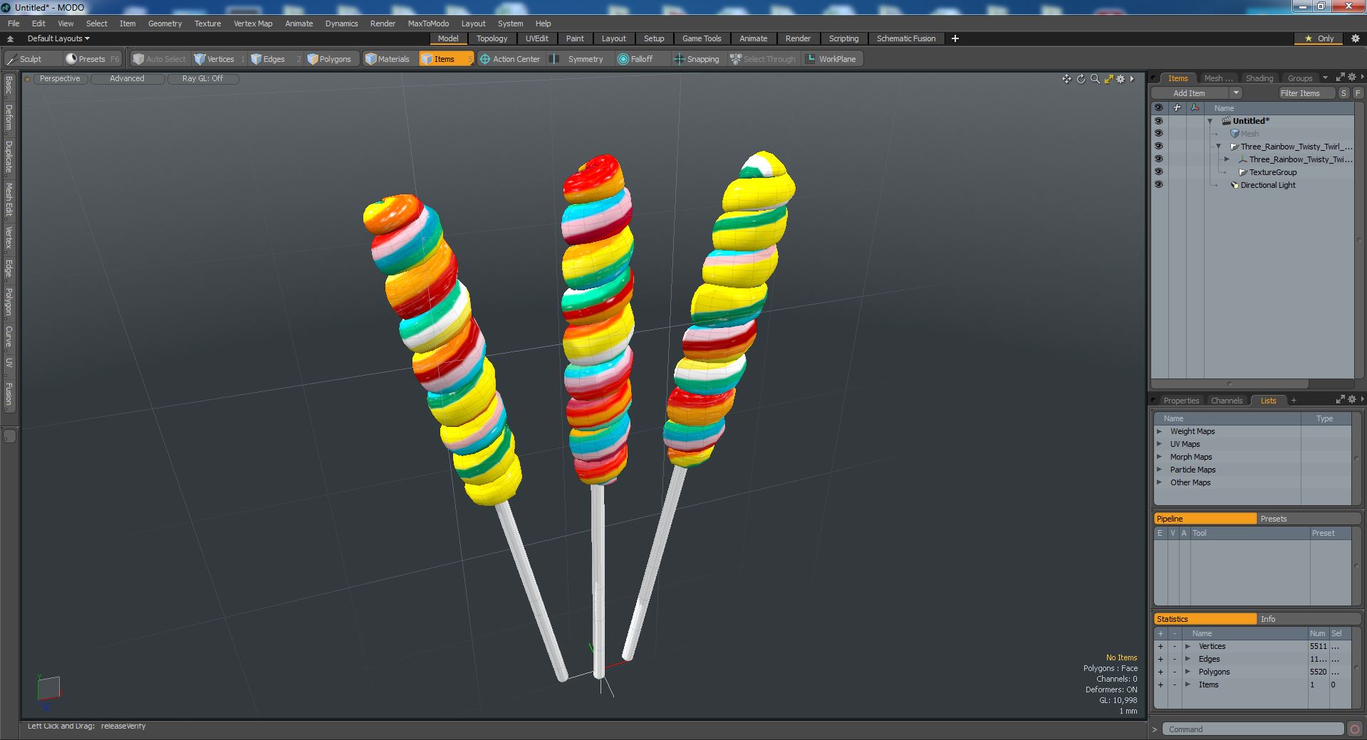 3D Three Rainbow Twisty Twirl Hard Lollipop Candy Sweets model