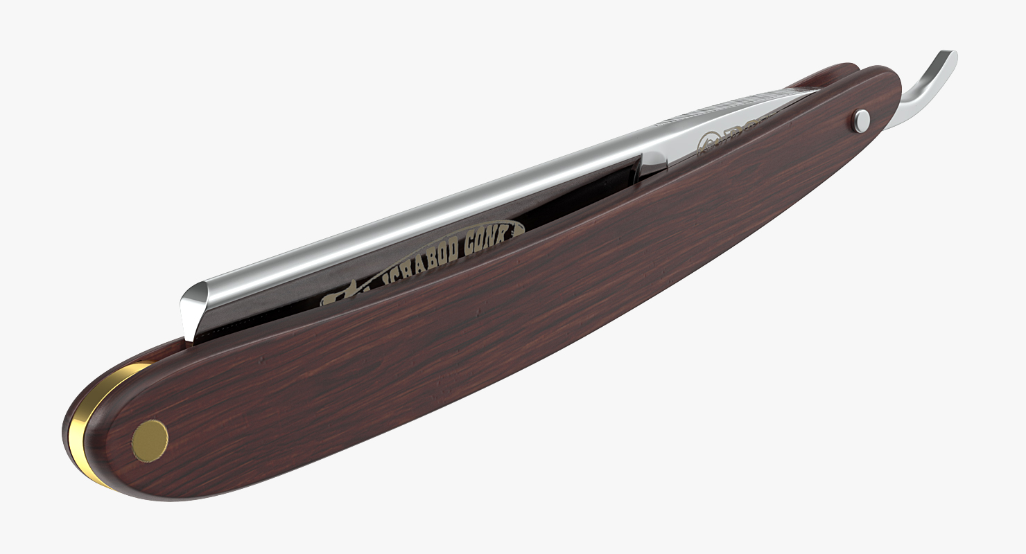 3D model Wooden Handle Straight Edge Folding Shaving Razor Blade