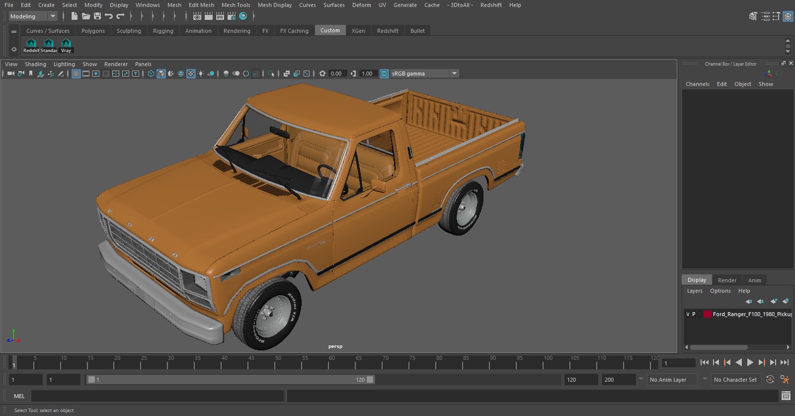 3D Ford Ranger F100 1980 Pickup Orange Simple Interior