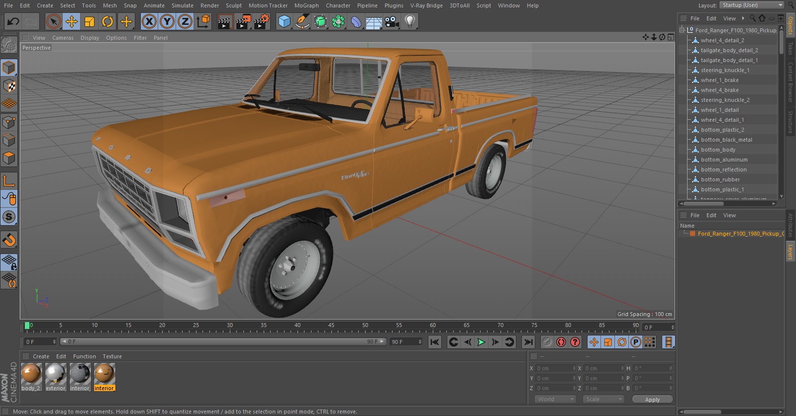 3D Ford Ranger F100 1980 Pickup Orange Simple Interior
