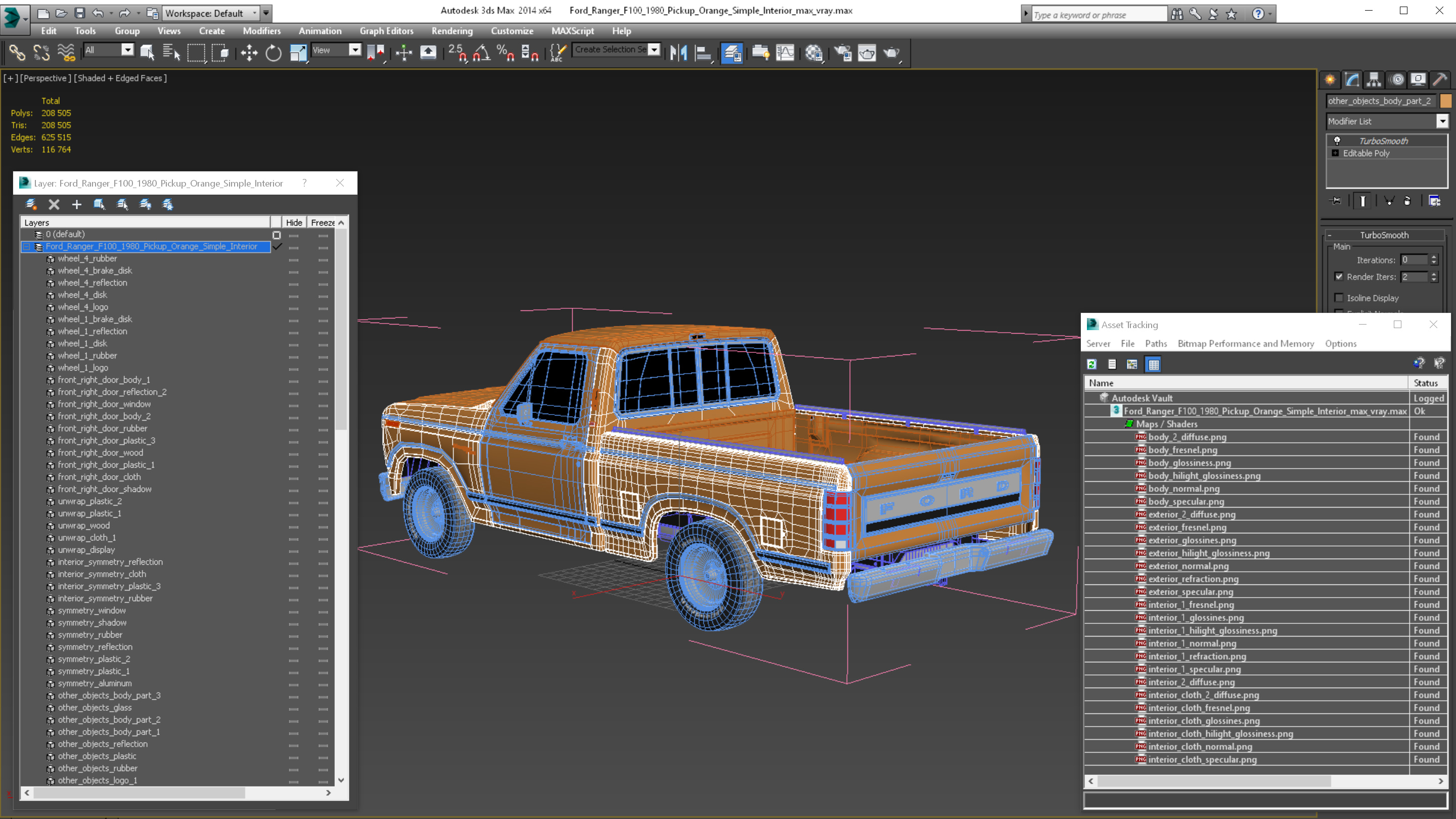 3D Ford Ranger F100 1980 Pickup Orange Simple Interior