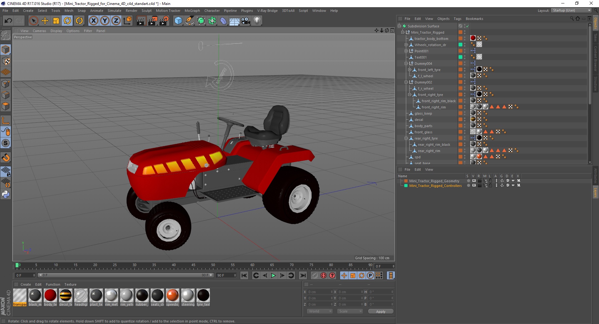 3D Mini Tractor Rigged for Cinema 4D model