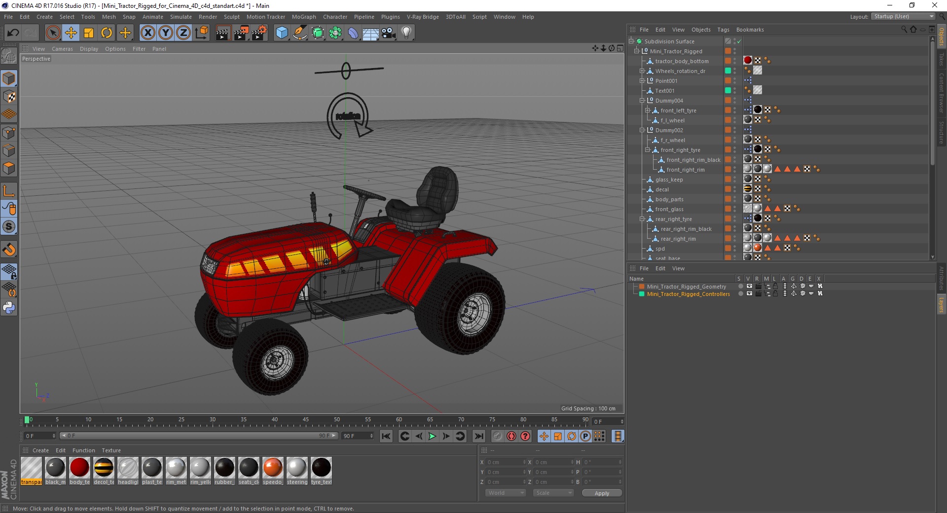 3D Mini Tractor Rigged for Cinema 4D model