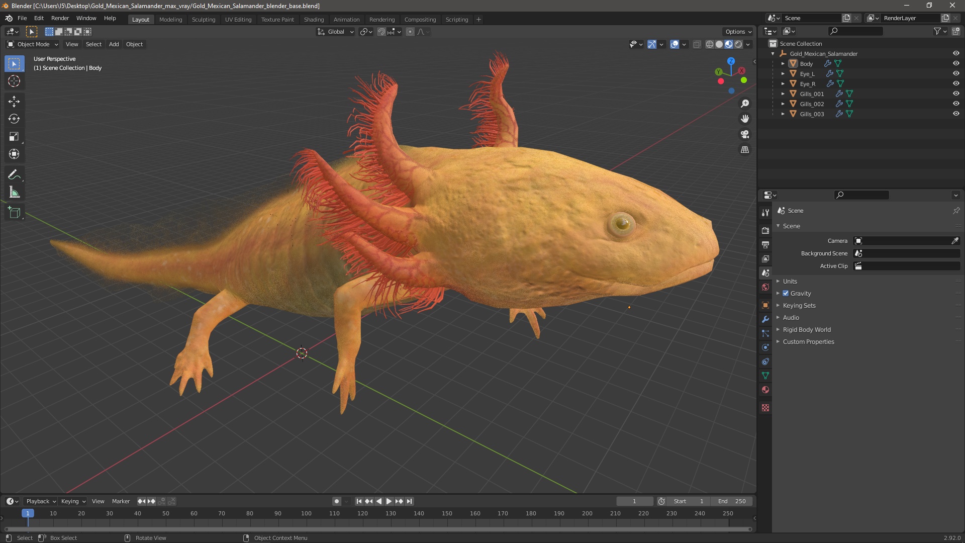 3D Gold Mexican Salamander model