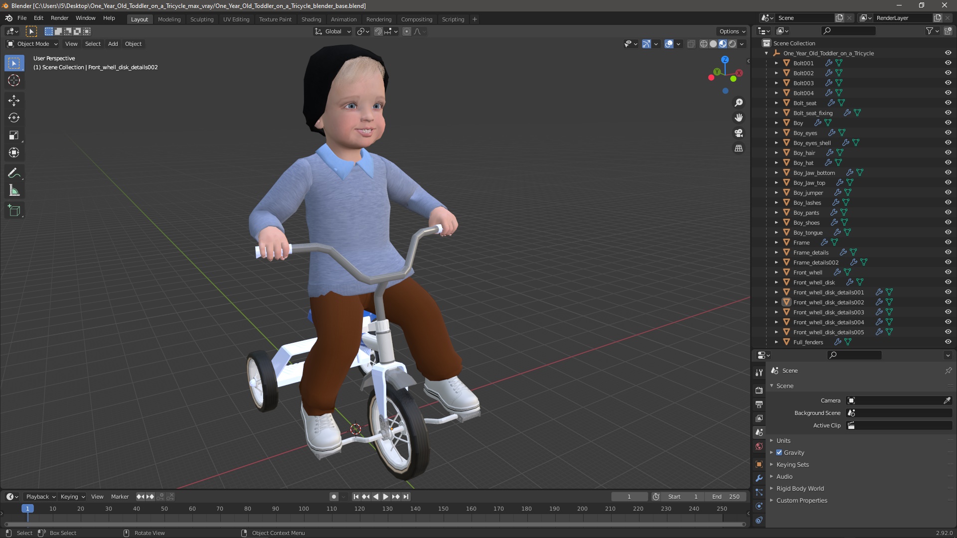 One Year Old Toddler on a Tricycle 3D model