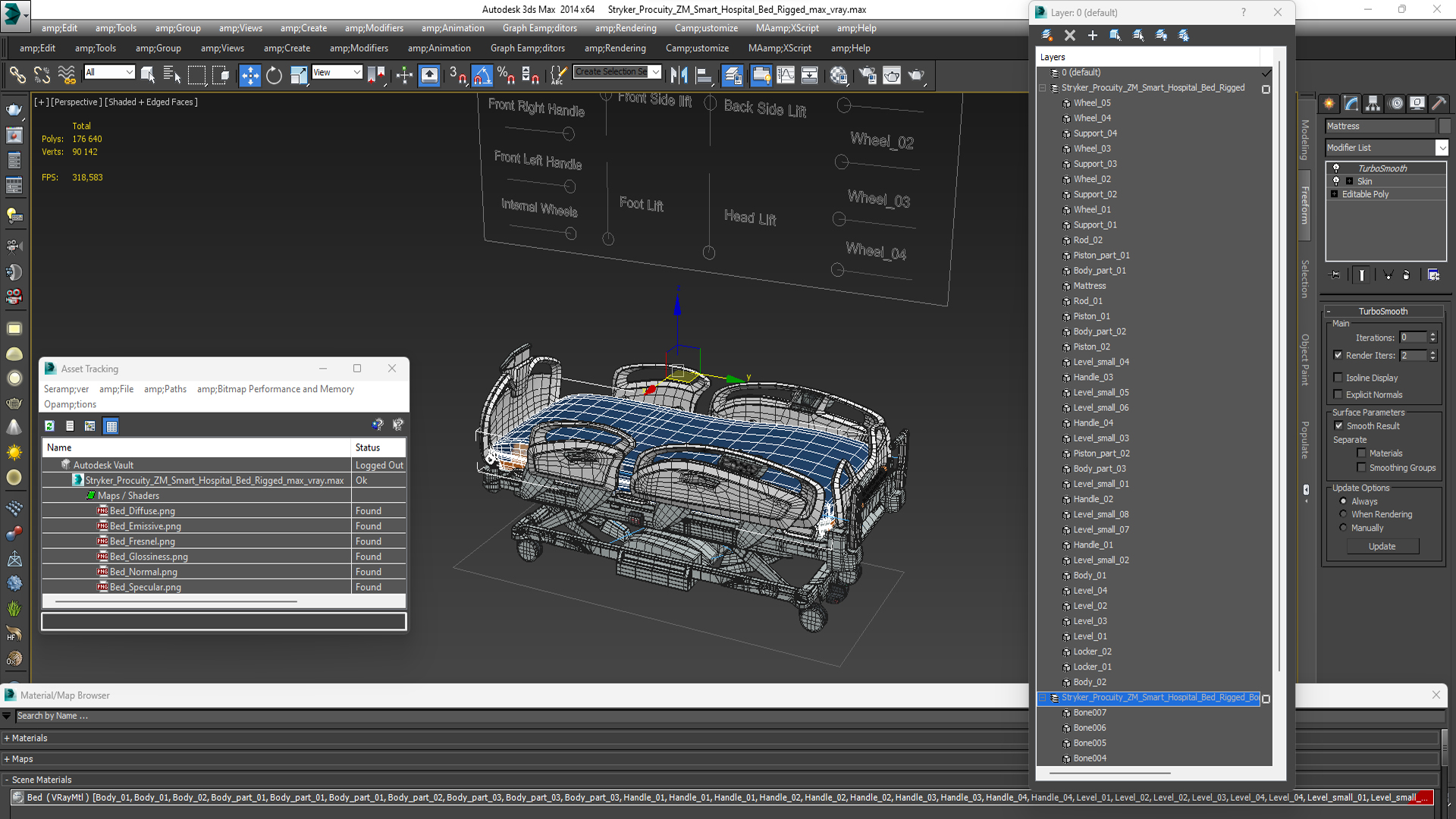 Stryker Procuity ZM Smart Hospital Bed Rigged for Cinema 4D 3D model