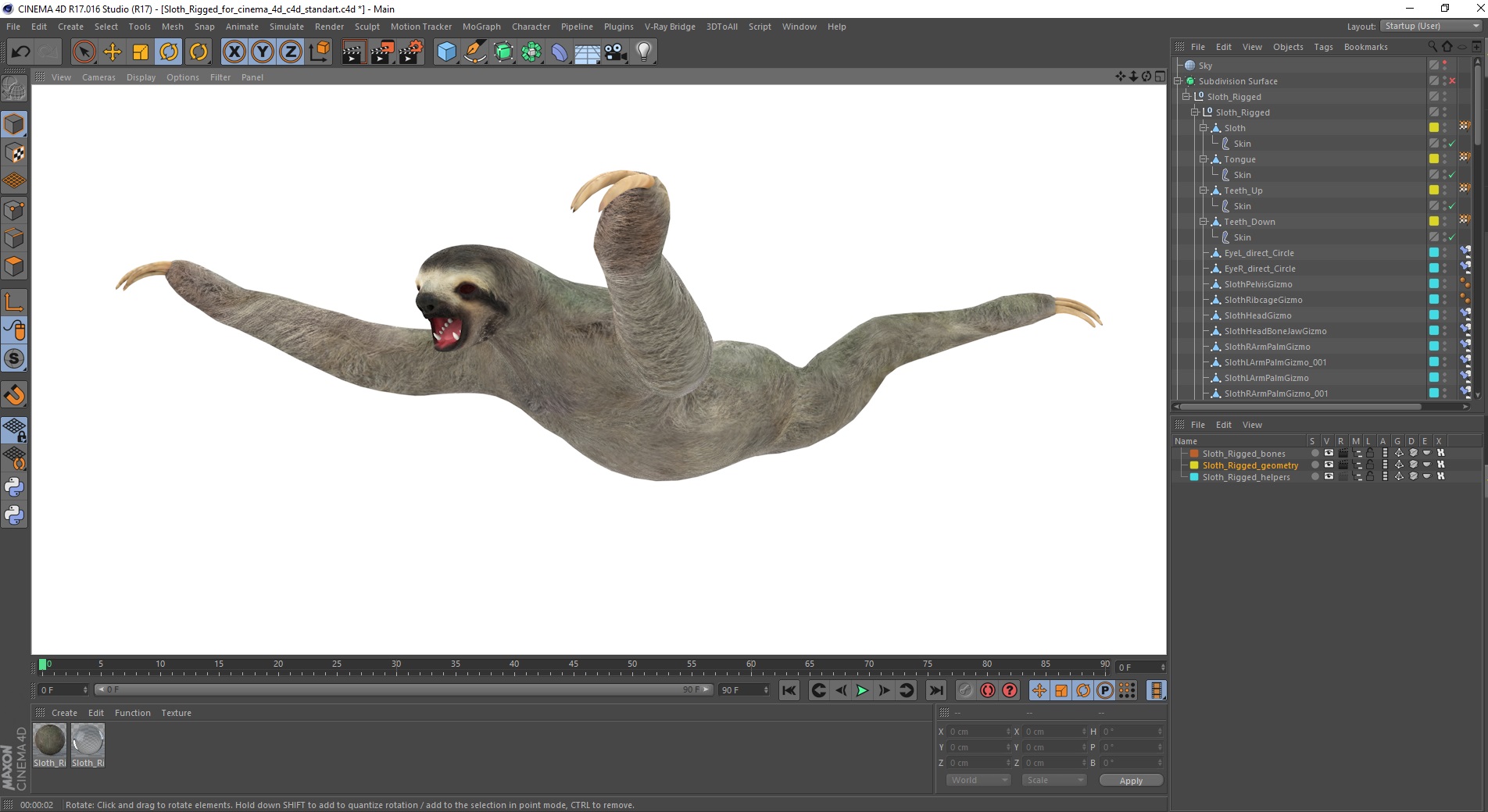 3D Sloth Rigged for Cinema 4D