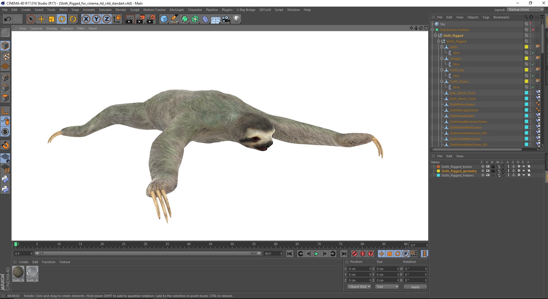 3D Sloth Rigged for Cinema 4D