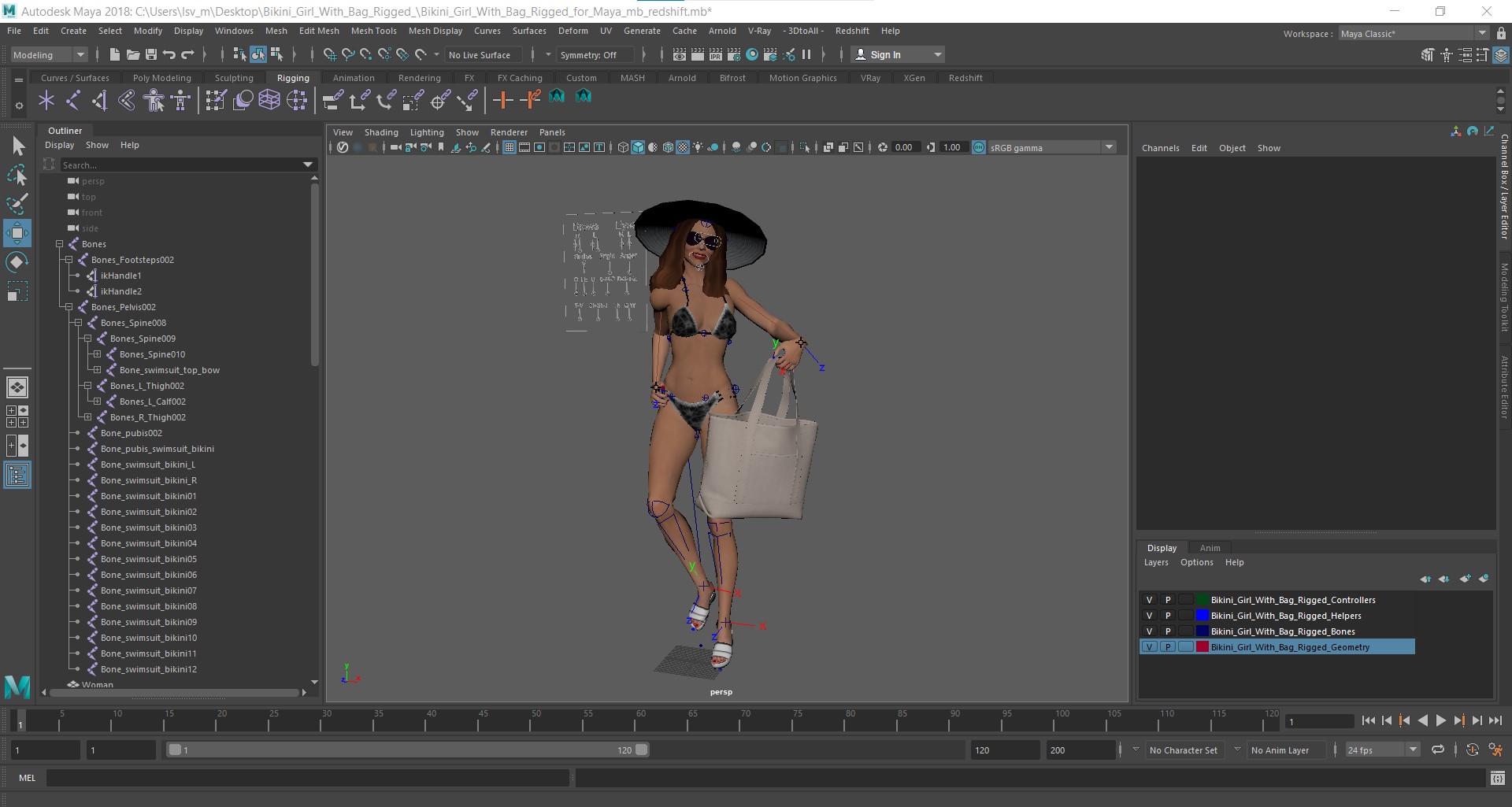 3D Bikini Girl With Bag Rigged for Maya