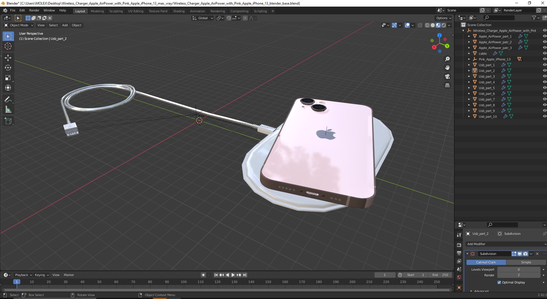Wireless Charger Apple AirPower with Pink Apple iPhone 13 3D