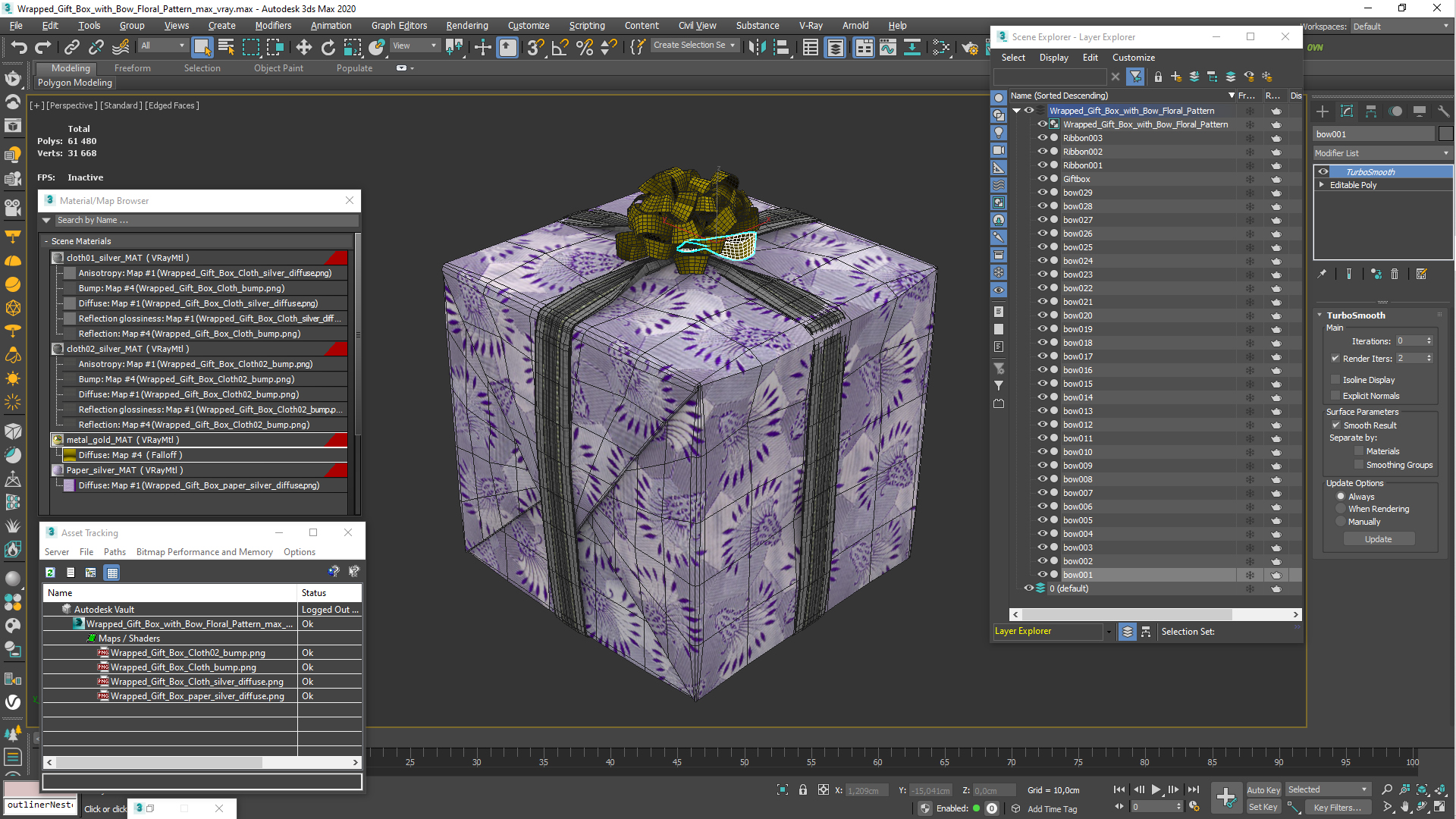 3D model Wrapped Gift Box with Bow Floral Pattern
