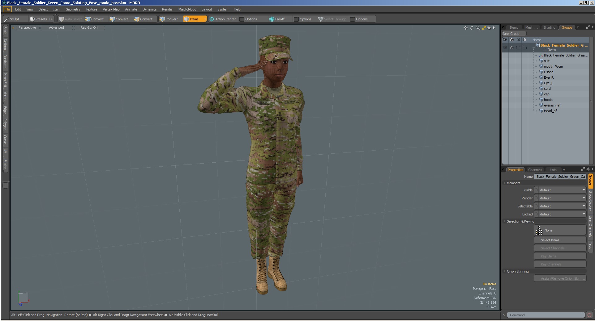 3D model Black Female Soldier Green Camo Saluting Pose