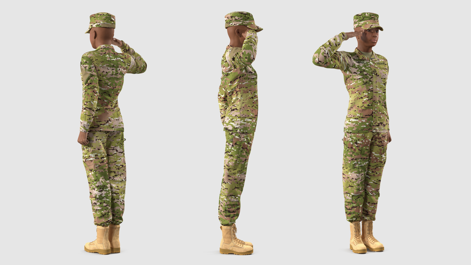 3D model Black Female Soldier Green Camo Saluting Pose
