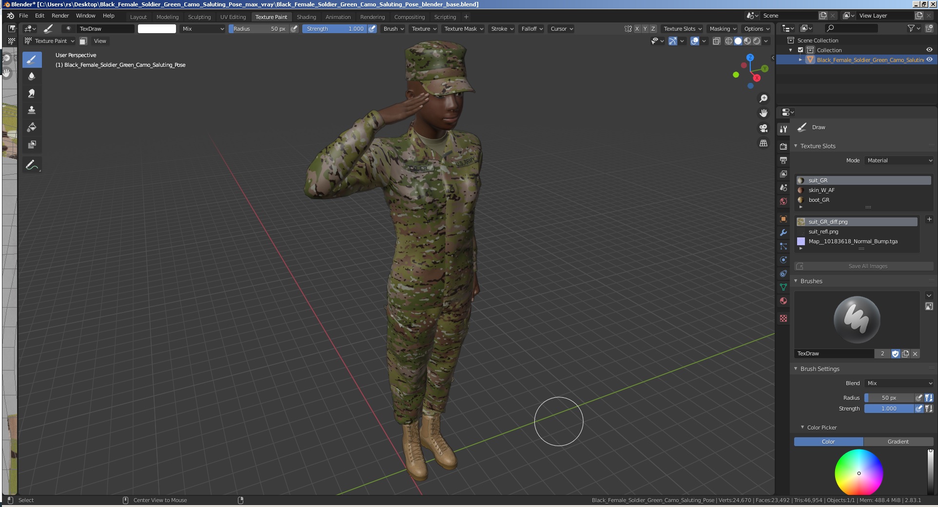 3D model Black Female Soldier Green Camo Saluting Pose