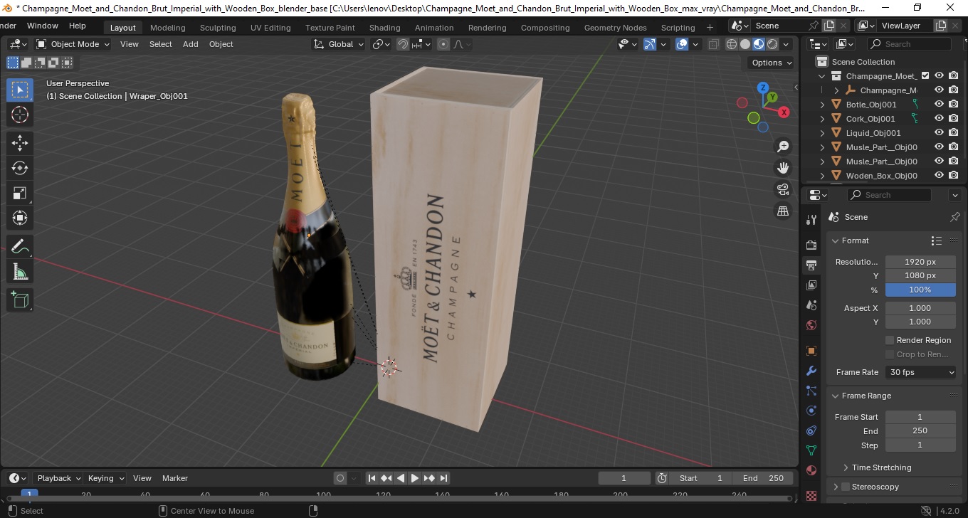 3D Champagne Moet and Chandon Brut Imperial with Wooden Box