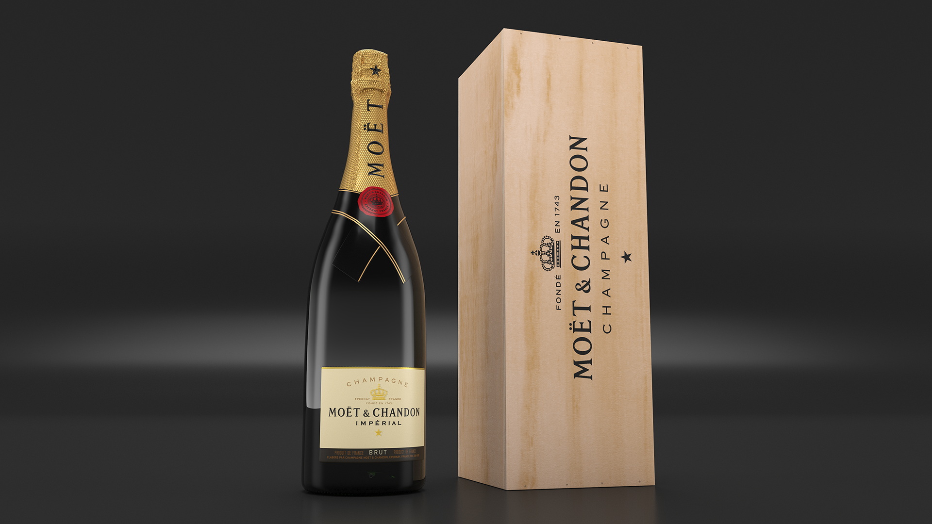 3D Champagne Moet and Chandon Brut Imperial with Wooden Box