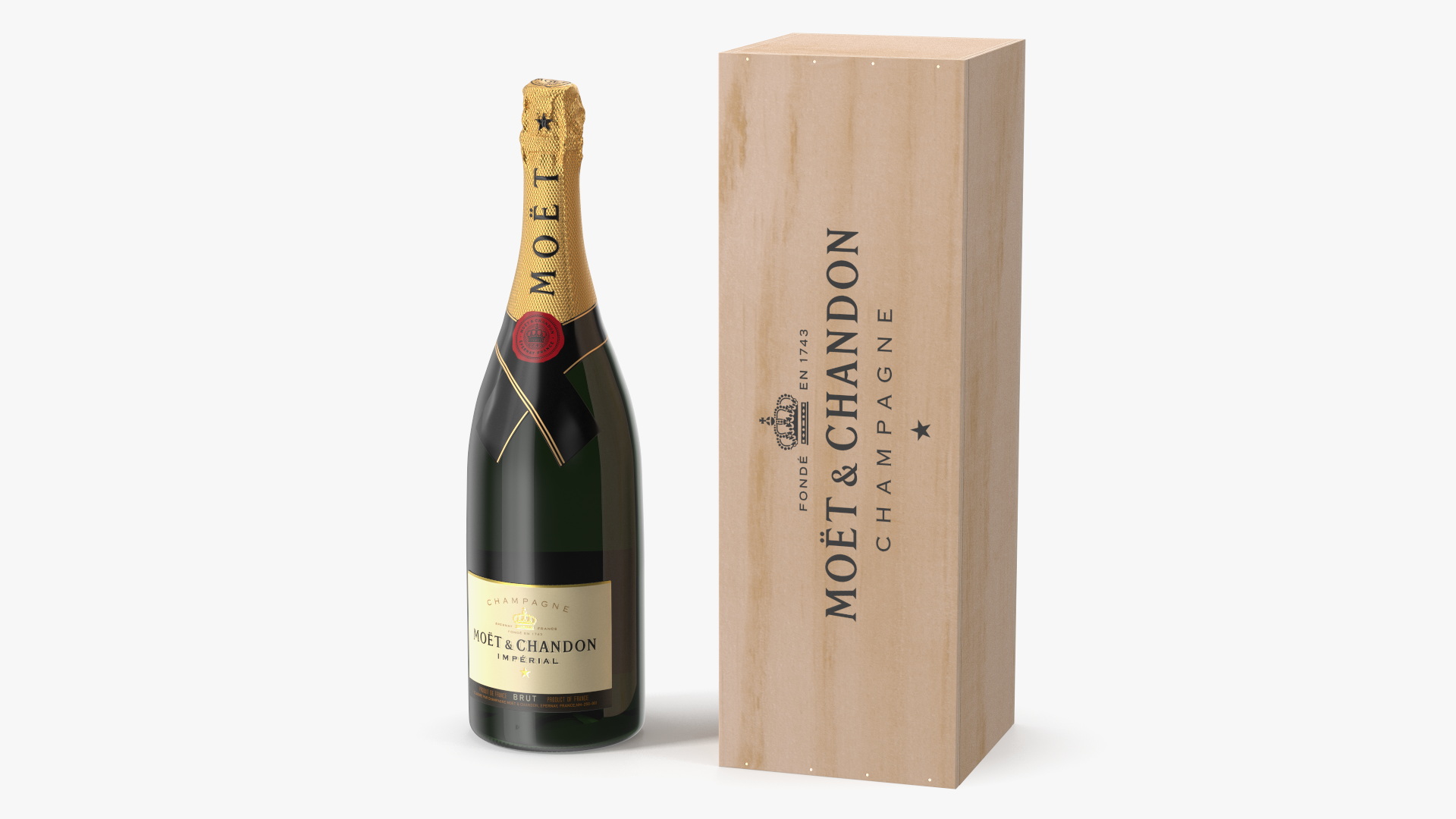3D Champagne Moet and Chandon Brut Imperial with Wooden Box