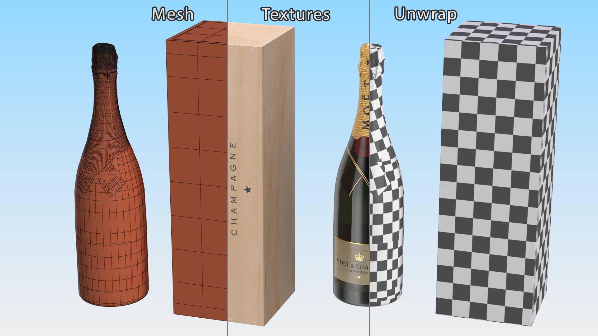 3D Champagne Moet and Chandon Brut Imperial with Wooden Box