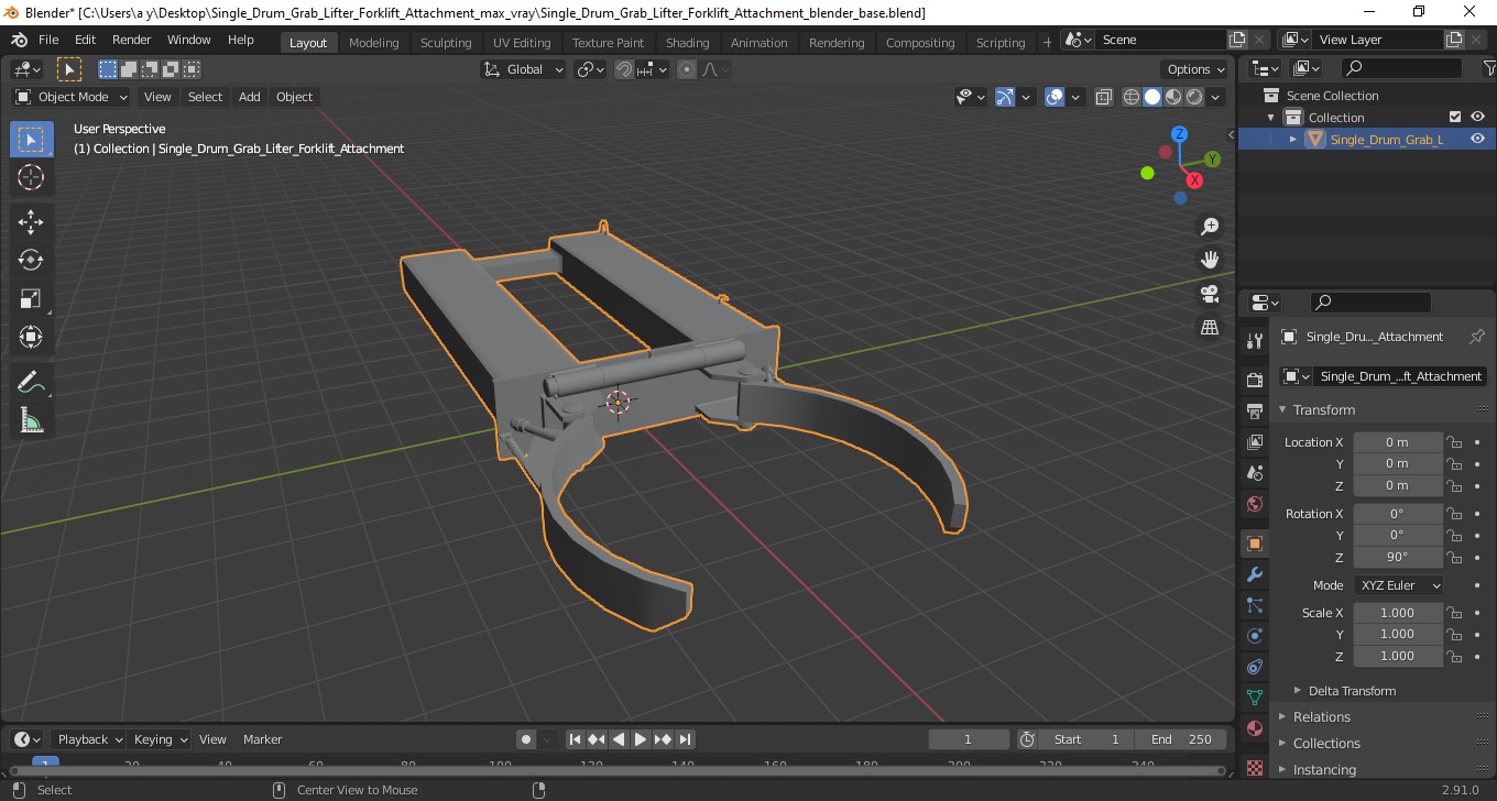 3D Single Drum Grab Lifter Forklift Attachment model