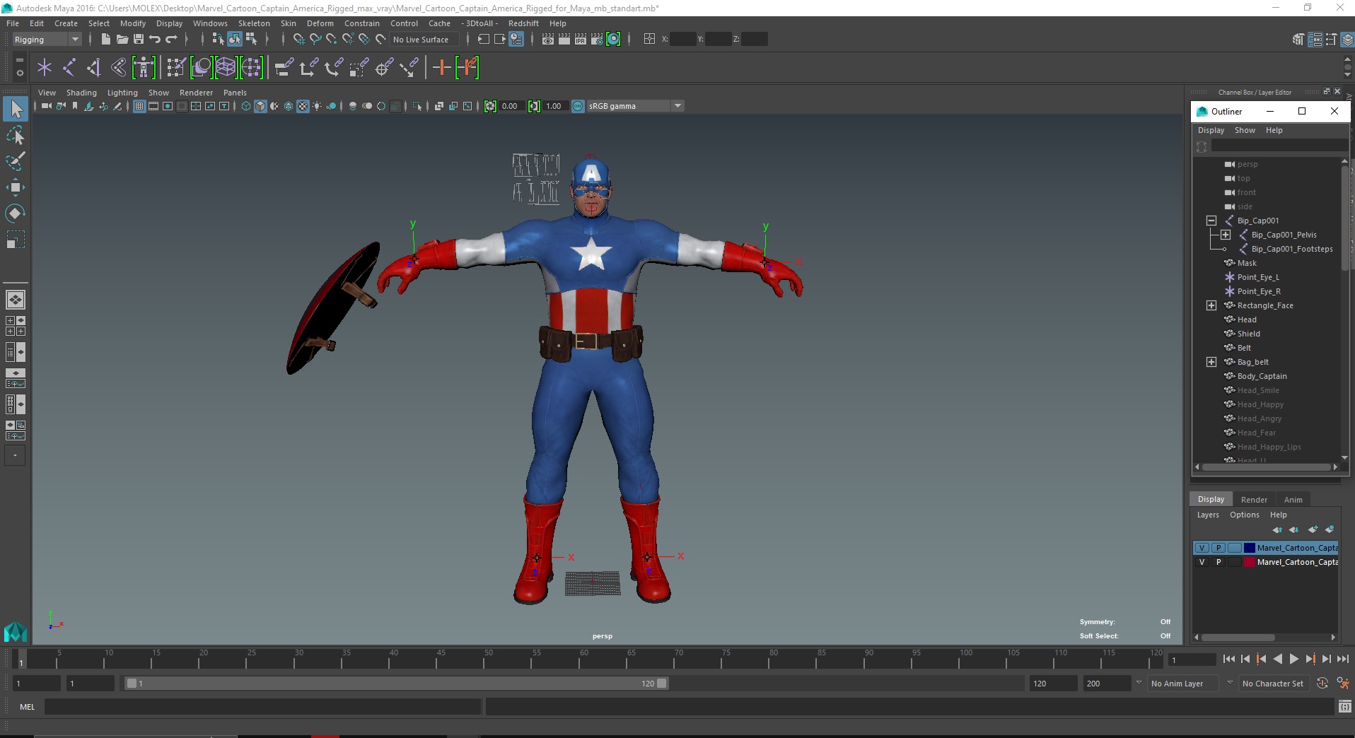 3D Marvel Cartoon Captain America Rigged for Maya