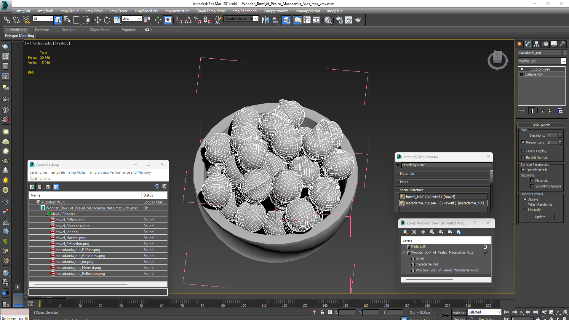 3D Wooden Bowl of Peeled Macadamia Nuts