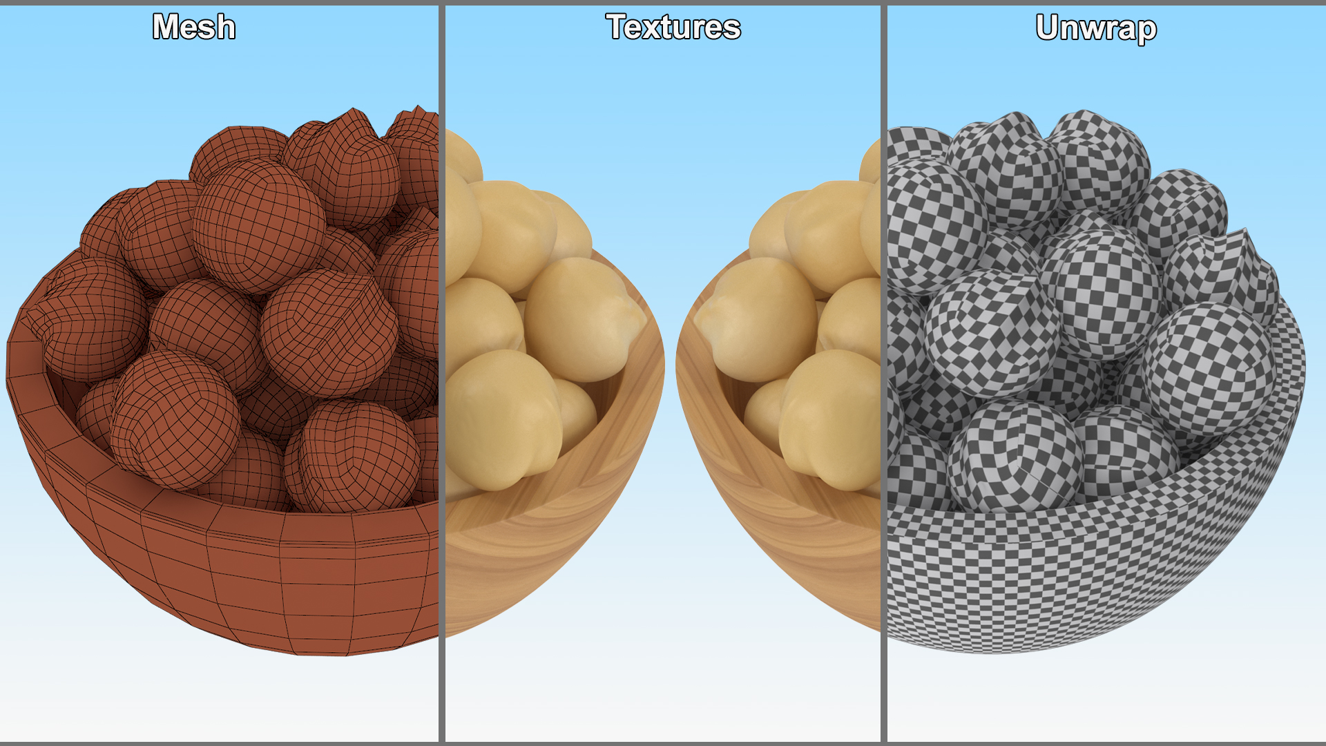 3D Wooden Bowl of Peeled Macadamia Nuts