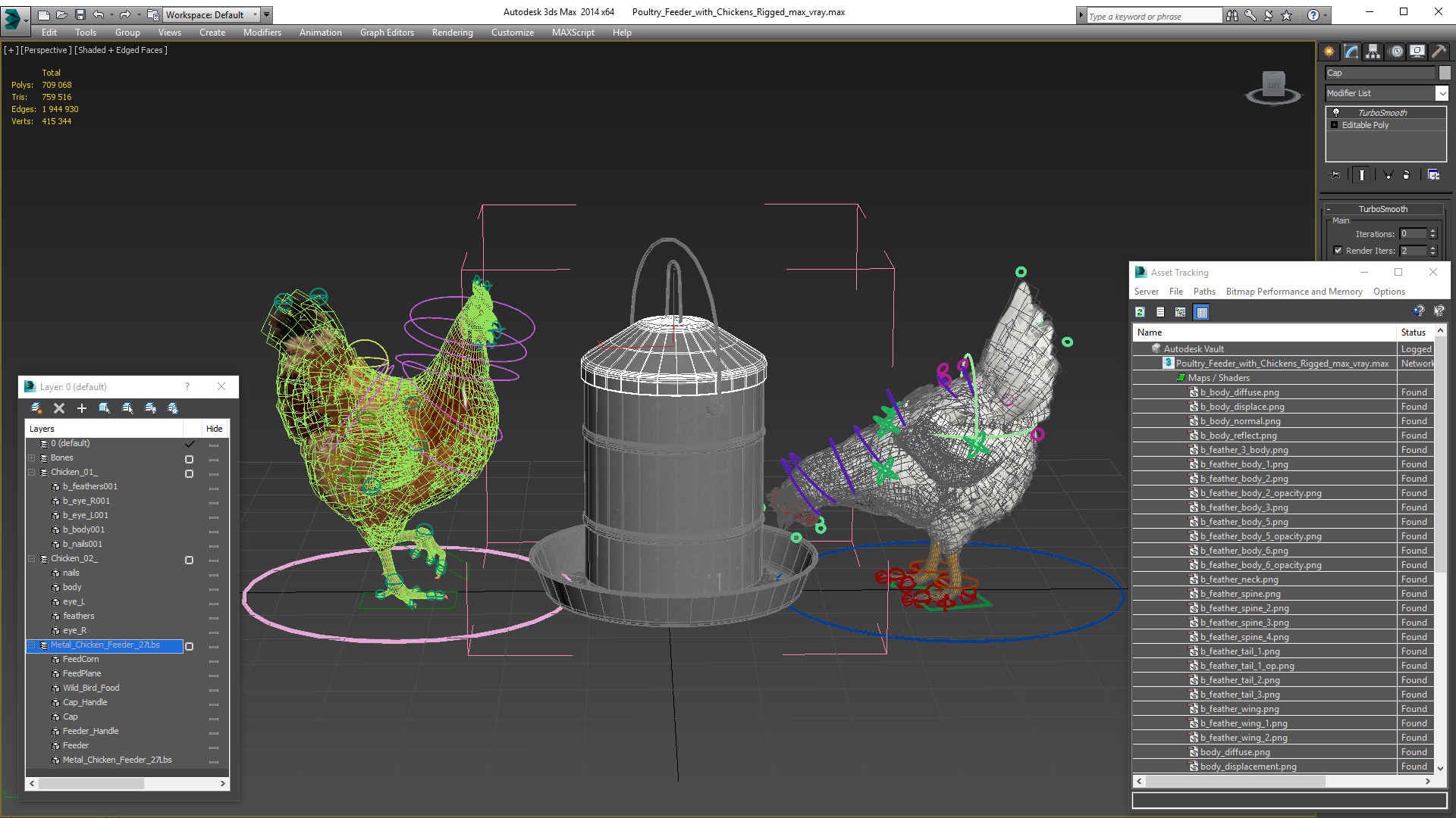 3D model Poultry Feeder with Chickens Rigged