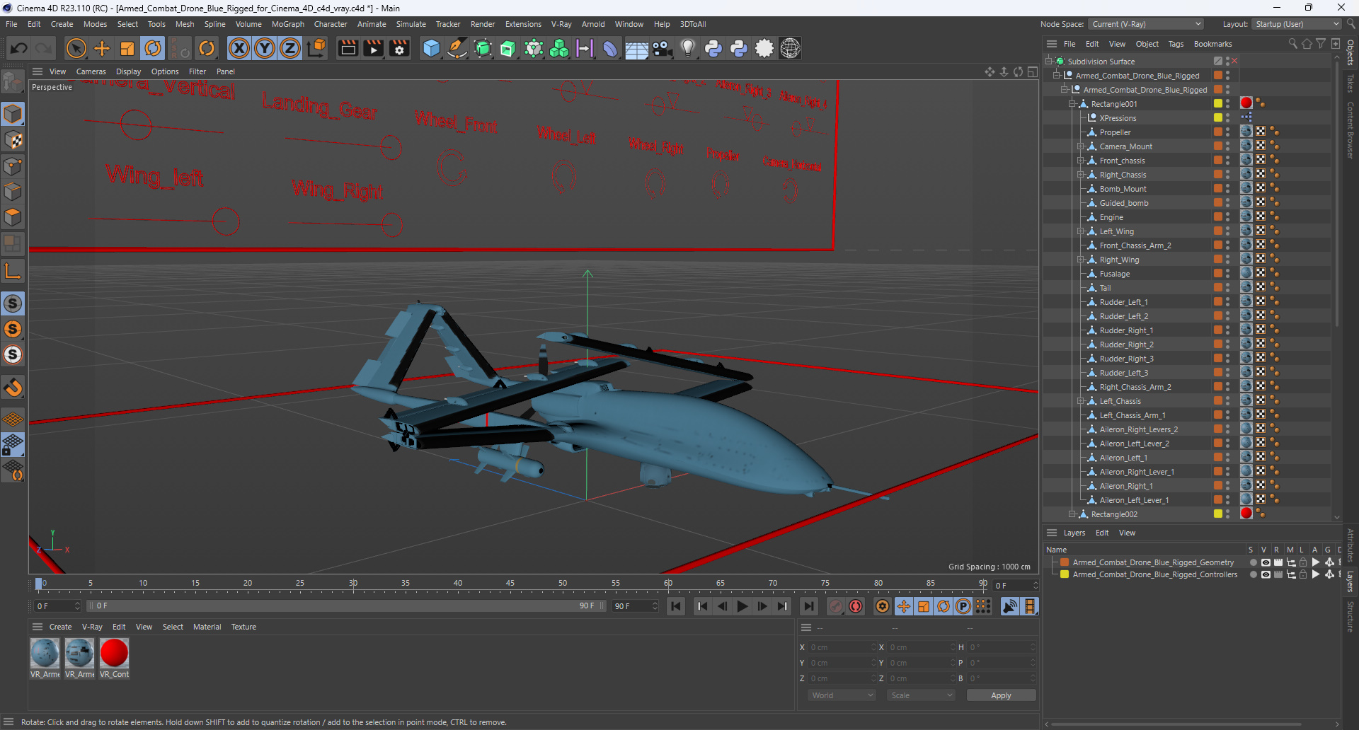 Armed Combat Drone Blue Rigged for Cinema 4D 3D model