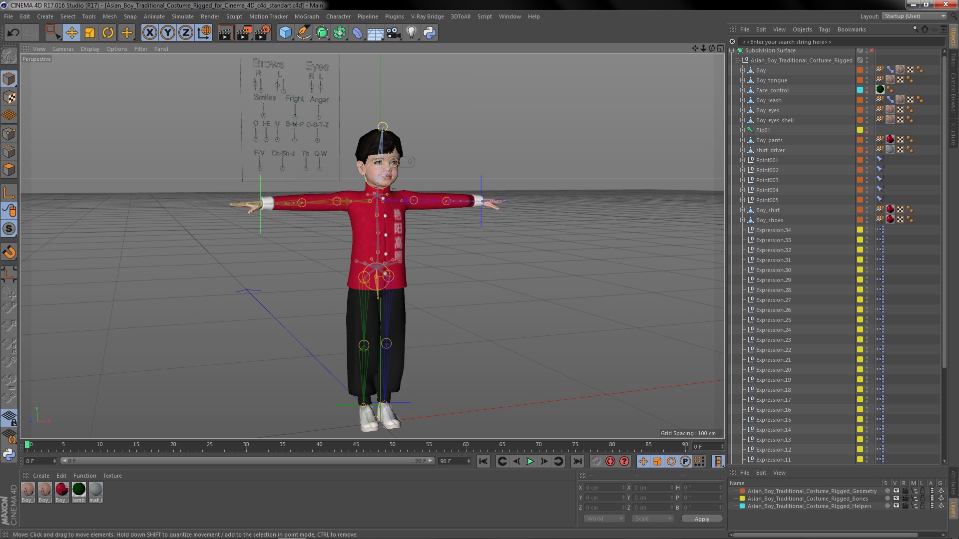 3D model Asian Boy Traditional Costume Rigged for Cinema 4D