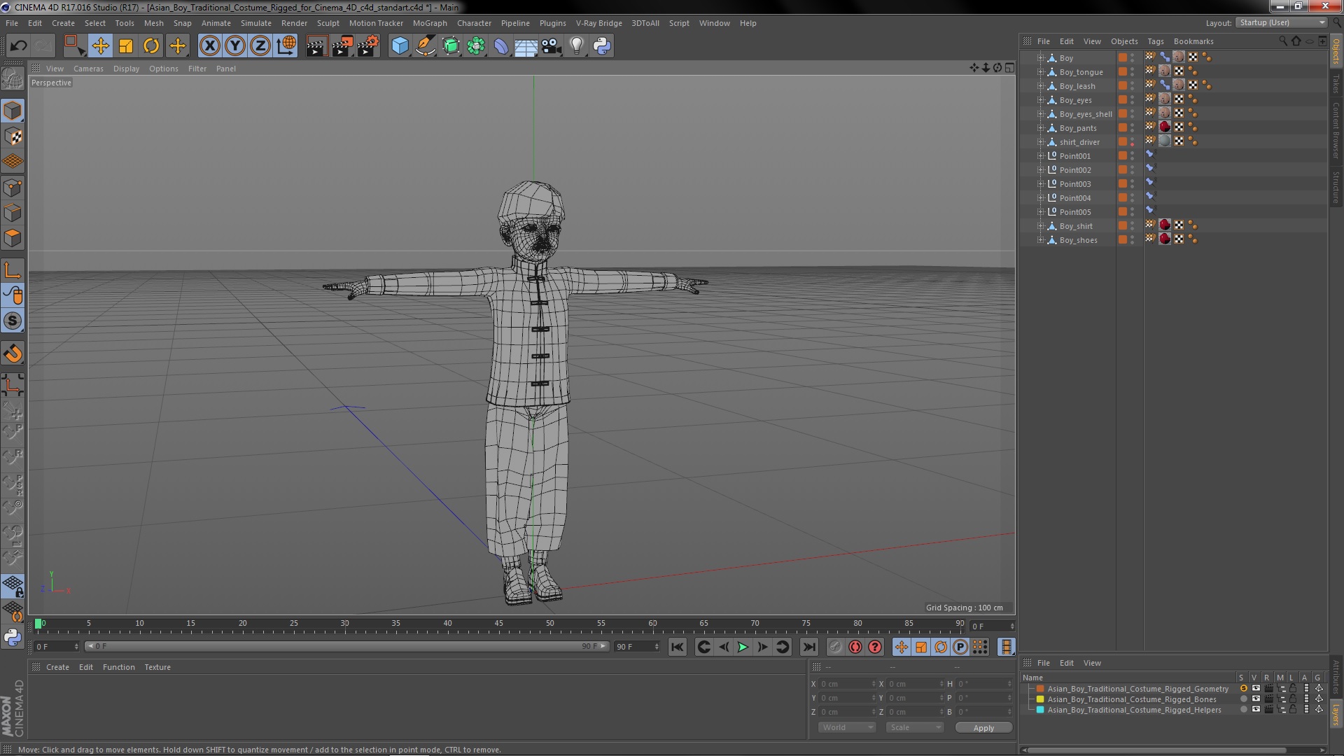 3D model Asian Boy Traditional Costume Rigged for Cinema 4D