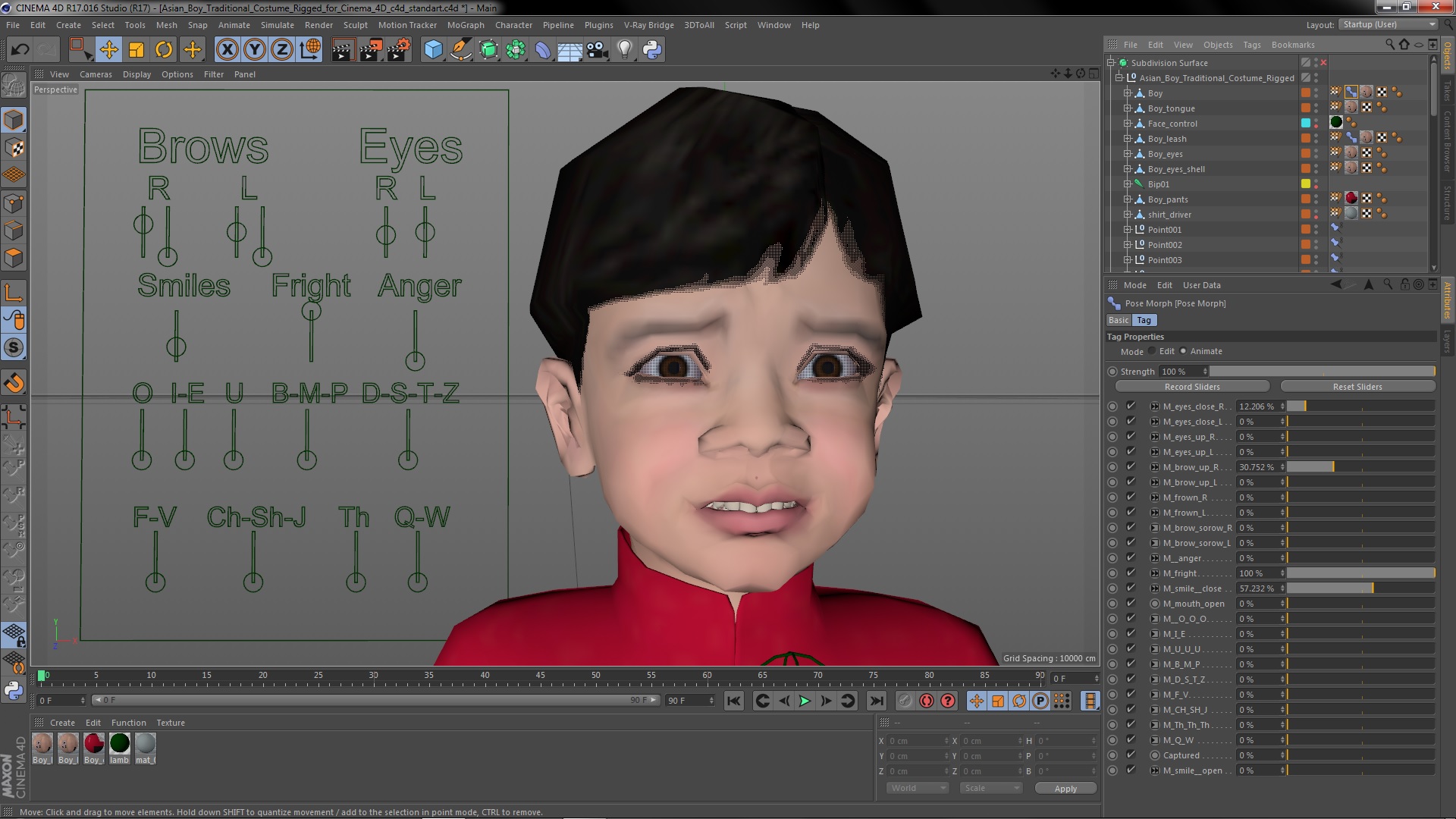 3D model Asian Boy Traditional Costume Rigged for Cinema 4D